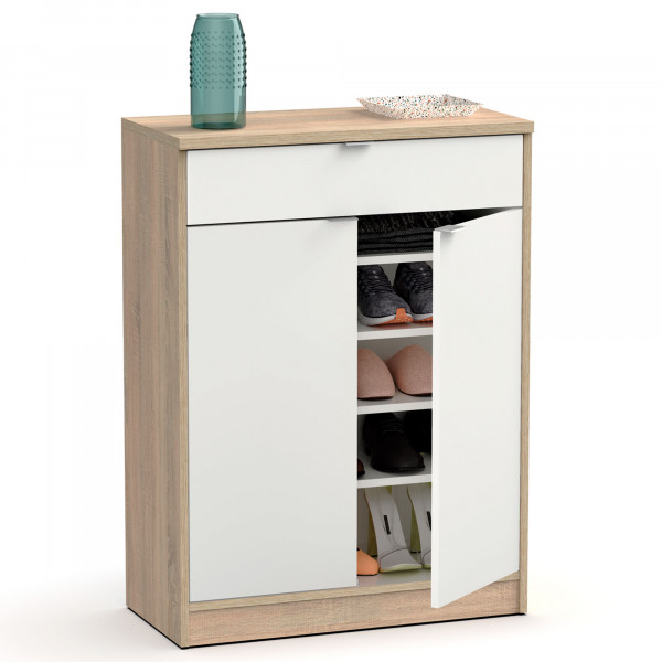 briebe Zapatero Entrada Recibidor, Mueble Auxiliar Estrecho Dormitorio, 2 Puertas, 1 Cajón 101x75x36 cm (Alto x Ancho x Profundo), 20 Pares Zapatos, Domus Blanco Alto Brillo / Roble Cambrian