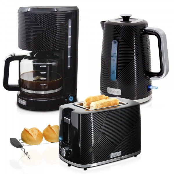 briebe Elegance Set Tostadora Pan Ranura Ancha 2 Rebanadas + Hervidor Agua Eléctrico 1,7L Inalámbrico 2200W Libre BPA + Cafetera Goteo Filtro 10 Tazas 1,25L, Pack Desayuno Diseño Moderno Negro