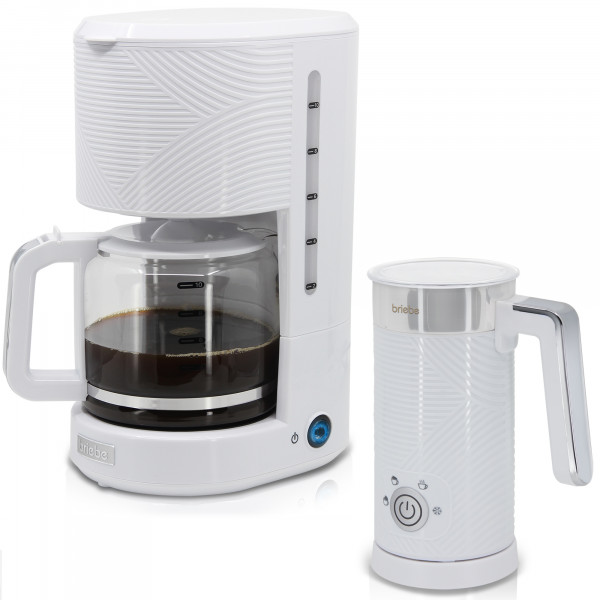 briebe Elegance Set Cafetera Goteo 10 Tazas + Espumador de Leche Eléctrico, Máquina de Café Filtro 1,25L, Milk Frother 4 en 1 Calentador 300ml, Espuma Fría/Caliente 130ml, Libre de BPA, Blanco