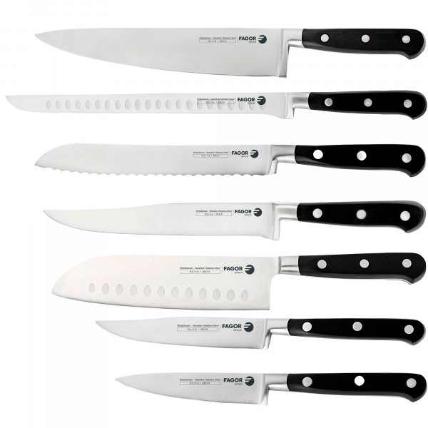 Fagor Couper Juego 7 Cuchillos Cocina Profesional, Hoja Acero Inoxidable, Chef 25 cm, Jamonero 27,5 cm, Santoku, Pan, Trinchar, Universal, Pelar, Mango Ergonómico