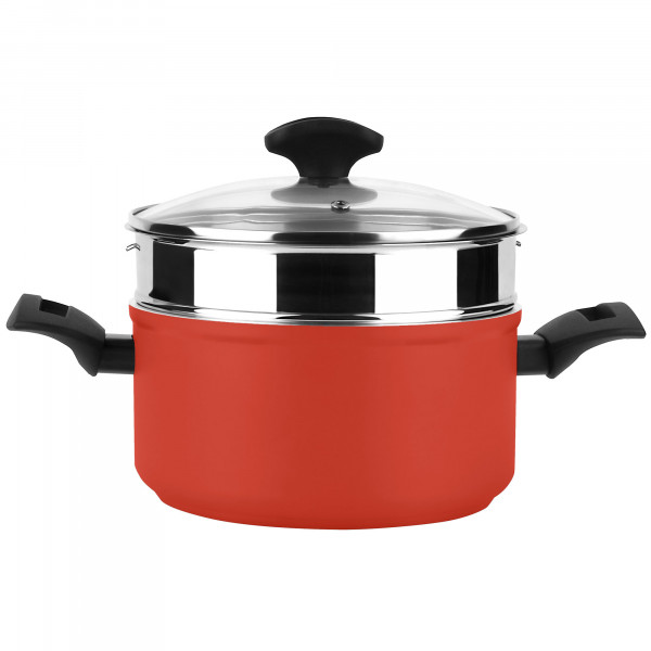 Fagor Maxima Olla Vaporera Inducción 20 cm, Cacerola Aluminio Forjado, Steamer Acero Inoxidable, Tapa de Cristal, Antiadherente sin PFOA, Apta para Todas Las Cocinas, Vitrocerámica, Gas, Lavavajillas, Rojo