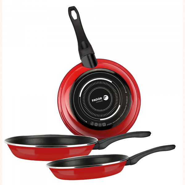 Fagor Optimax Set Juego Sartenes Inducción 20-24-28 cm, Acero Esmaltado, Antiadherente Ecológico XYLAN PLUS sin PFOA, Alto Espesor, Apta para Todas Las Cocinas, Vitrocerámica, Gas, Lavavajillas, Rojo