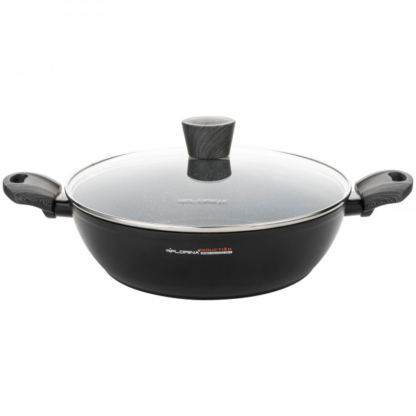 Florina Bono Cazuela Baja 28cm Inducción, 3,8L, Aluminio, fondo FULL INDUCTION, Tapa de Cristal, Antiadherente Mármol sin PFOA, Apta todas Cocinas, Vitrocerámica, Eléctrica, Halógena, Gas