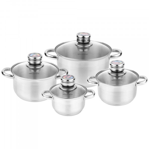 Florina Pablo Batería de Cocina Acero Inoxidable, 8 Piezas, Inducción, 4 Cacerolas, 4 Tapas de Cristal con Termómetro, Apta Para Todo Tipo de Cocinas, Apta Lavavajillas