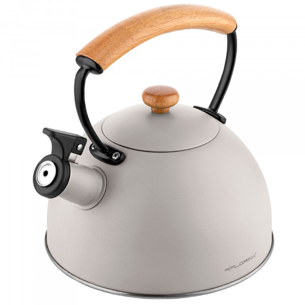 Florina Wooden Tetera con Silbato, Hervidor de Agua Retro, Inducción, Vitrocerámica, Todo Tipo de Cocinas, 2,3 L, Acero Inoxidable, Mango Madera Tacto Frío, Diseño Vintage, Gris