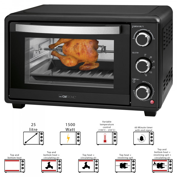 Clatronic MBG 3727 - Horno de sobremesa 25L con asador de pollos giratorio Grill aire caliente, 1500W