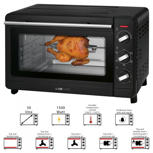 Clatronic MBG 3728 - Horno de sobremesa 30L con asador de pollos giratorio, Grill, aire caliente, piedra pizza, 1500W