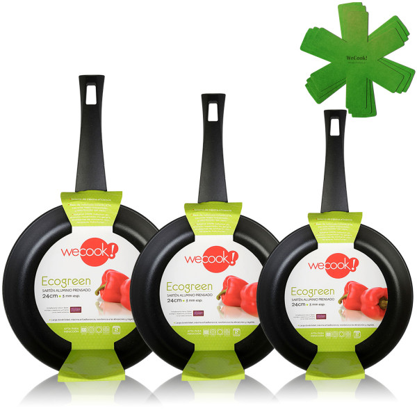 Wecook Ecogreen Set Juego 3 Sartenes 18-20-24 cm aluminio prensado, inducción, antiadherente ecológico sin PFOA, limpieza lavavajillas apta para todas las cocinas, vitrocerámica, gas