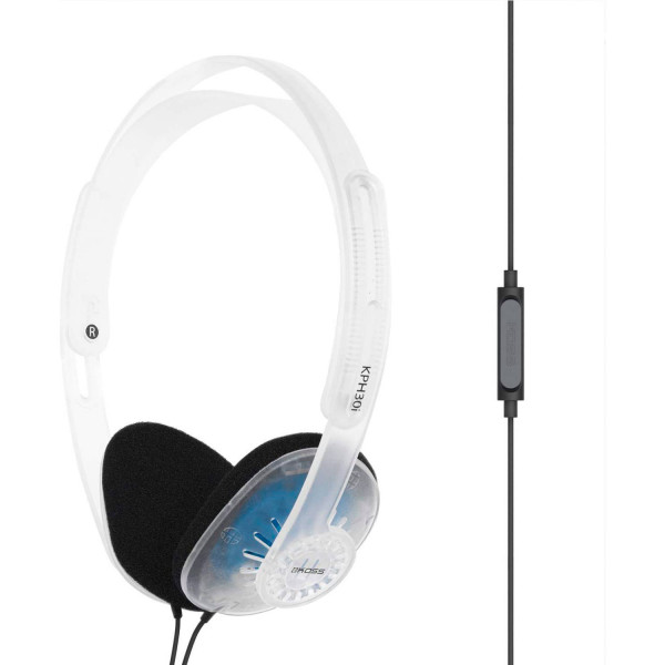Koss KPH30iCL Auriculares con Cable y Micrófono, Cascos de Diadema Abiertos, Headphones On Ear, Control Remoto en el Cable para Llamadas, Ajustable, Jack de 3,5 mm, Transparente