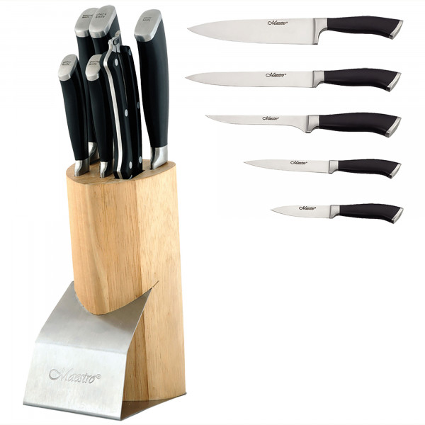 Maestro MR-1400 Bloque Cuchillos Cocina Profesional, 7 pcs.,Taco de Madera Diseño Moderno, 5 Cuchillos Hojas de Acero Inoxidable, Mangos Ergonómicos, Tijeras