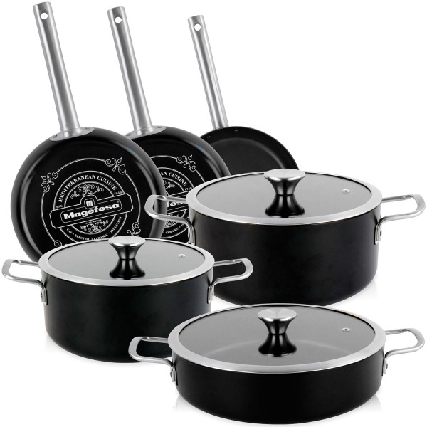 Magefesa Ares Batería Cocina Inducción 9 Piezas, Antiadherente Libre PFOA Esmalte Exterior Negro Mate, Set Cazuelas Tapa Vidrio, Sartenes, Herrajes Inox Satinados, Retro Estilo Vintage