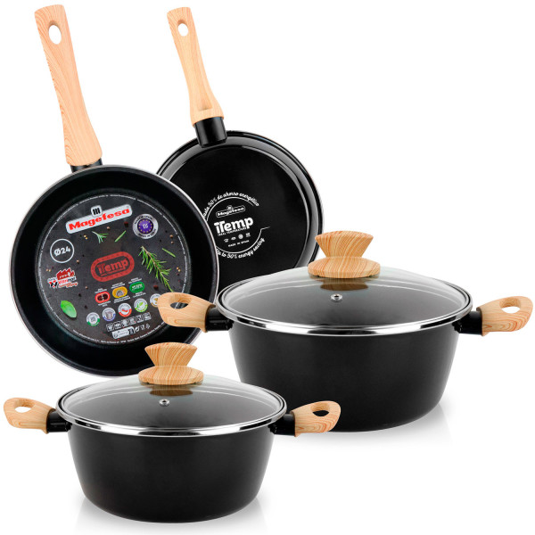 Magefesa Orbe Batería Cocina Inducción 6 Piezas, Antiadherente Libre PFOA Esmalte Exterior Negro, Set Cazuelas Tapa Vidrio, Sartenes, Herrajes Efecto Madera, Diseño Modern