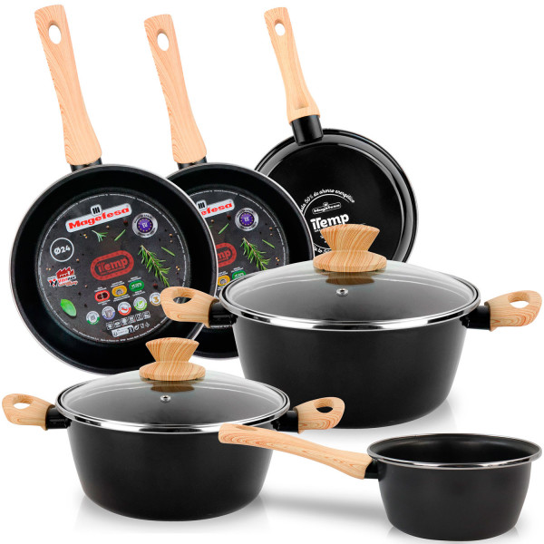 Magefesa Orbe Batería Cocina Inducción 8 Piezas, Antiadherente Libre PFOA Esmalte Exterior Negro, Set Cazuelas Tapa Vidrio, Sartenes, Herrajes Efecto Madera, Diseño Moderno