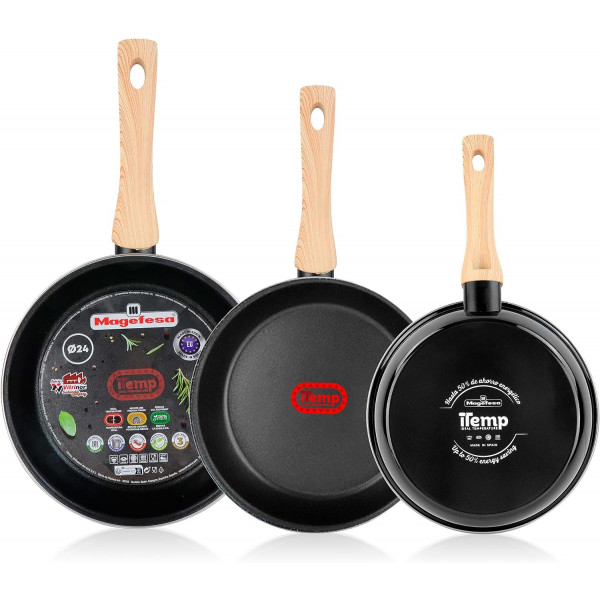 Magefesa Orbe Juego 3 Sartenes Inducción 20-24-28 cm, Antiadherente Libre PFOA, Mango Efecto Madera, Esmalte Exterior Negro, Diseño Moderno, Acero Vitrificado ECO