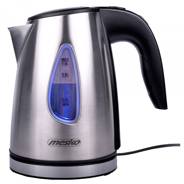 Mesko MS1351 Hervidor de Agua Eléctrico 1 Litro, Acero Inoxidable sin BPA, Apagado Automático, Inalámbrico 360º sin Cable, Resistencia Oculta, 1630W