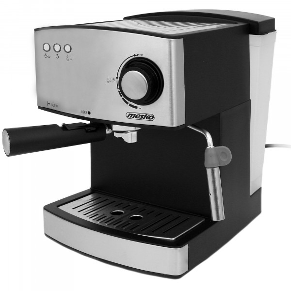 Mesko MS4403 Cafetera Express Manual, Presión 15 Bares, Maquina de Café Espresso y Capuccino, Brazo Doble Salida Vaporizador Espumador Leche, Depósito 1,6L, Calienta Tazas, 850W, Acero Inox. / Negro