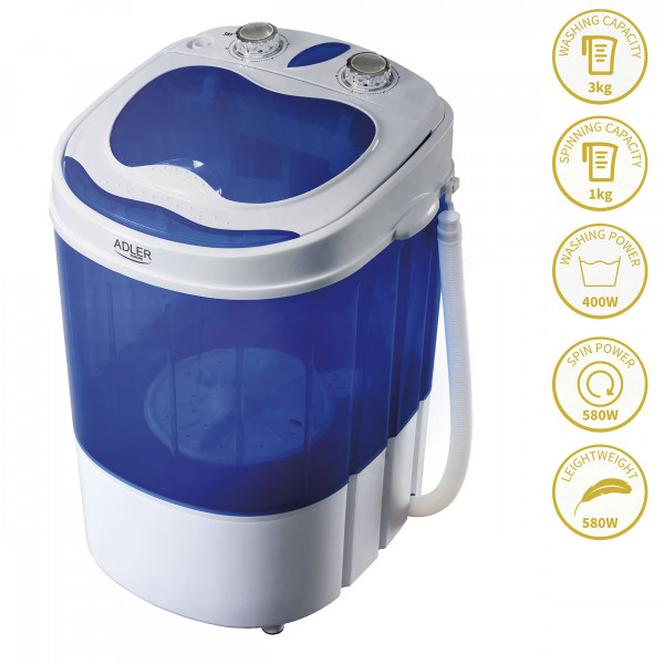 Adler AD8051 - Mini Lavadora Centrifugadora Portátil, 3Kg lavado ropa, 1Kg Centrifugado, perfecta Camping, Caravanas y autocaravanas