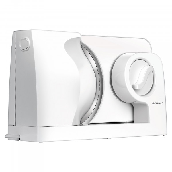 MPM MKR-05 Cortafiambres Eléctrico Plegable, Loncheador Rebanador de Pan, Grosor de Corte Ajustable hasta 15mm, Protector de Dedos, Disco Corte de Acero Inoxidable 17 cm, 150W, Blanco