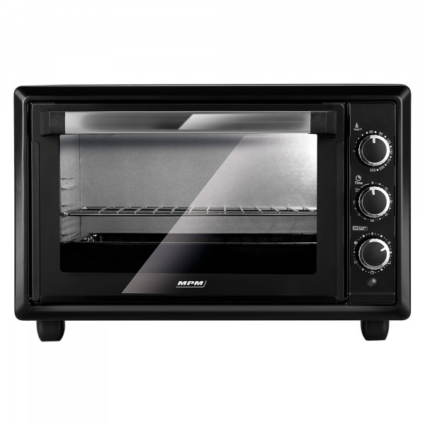 MPM MPE-28/T Horno Eléctrico Convección de Sobremesa 28 Litros, Puerta Doble Cristal, 6 Modos de Calor, Temporizador hasta 60 Minutos, Ajuste de Temperatura hasta 250ºC, Negro, 1500W