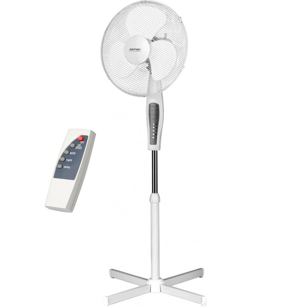 MPM MWP-19 Ventilador de pie oscilante, 42 cm, altura ajustable, temporizador 7,5 horas, 3 velocidades, mando a distancia, blanco, 50W