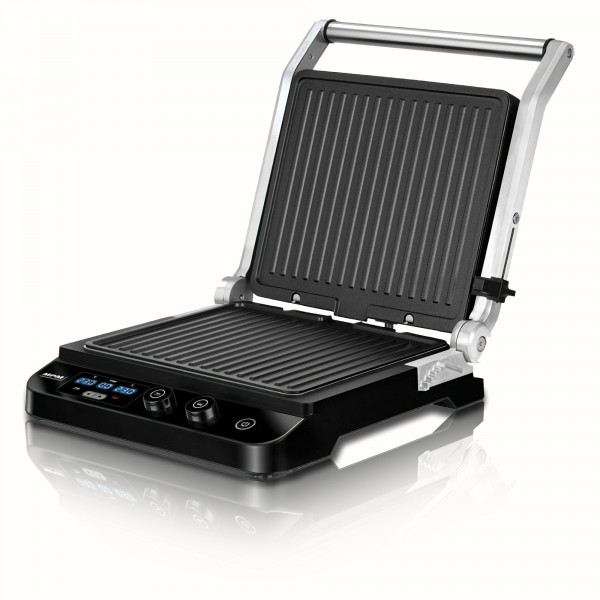 MPM MGR-11M Plancha Grill de asar doble adaptable en altura 230ºC, planchas antiadherentes extraibles, acero inox, regulador temperatura Independiente, 2000W 