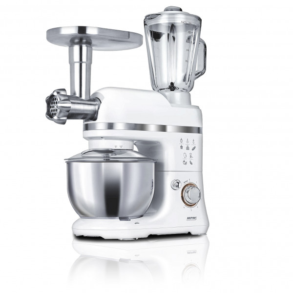 MPM MRK-15 Batidora Robot Cocina Orbital Profesional , Amasadora repostería, Picadora Carne, Batidora Vaso 1.5L, Velocidad electrónica, 4 litros, 1200W, Blanco