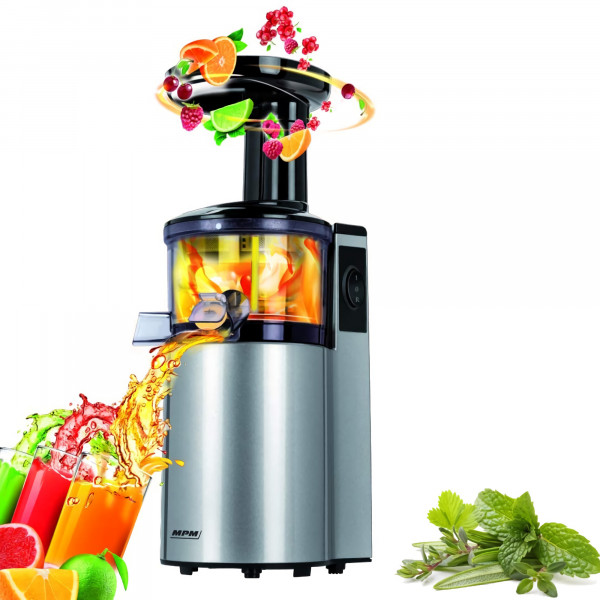 MPM MSO-14 Licuadora prensado en frío para verduras y frutas, baja velocidad 60RPM, Acero Inoxidable, Slow Juicer, boca ancha, función inversa, 150W