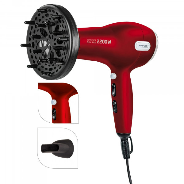 MPM MSW-08 secador de pelo profesional + Difusor, 2 ajustes de Velocidad, 3 Temperaturas, Botón Aire Frío, 2200W Rojo