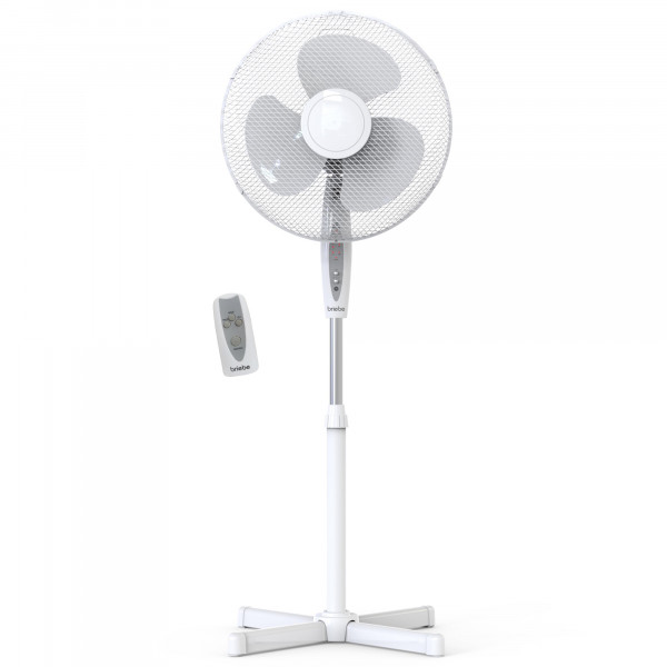 briebe FN122397W Ventilador de Pie Silencioso, Mando a Distancia, Temporizador hasta 7,5 Horas, Oscilante 80º, 3 Modos Funcionamiento, 3 Velocidades, Altura Regulable 100 - 125cm, Ø 40cm, Blanco