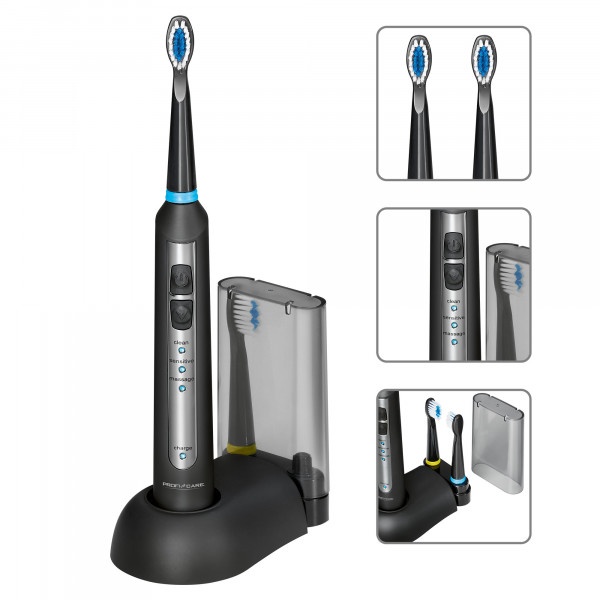 Proficare EZS 3056 Cepillo de Dientes Eléctrico, Cabezal Sónico, 3 Modos Cepillado, 2 Recambios, IPX7, Inalámbrico Batería Larga Duración, Estación de Carga, Negro