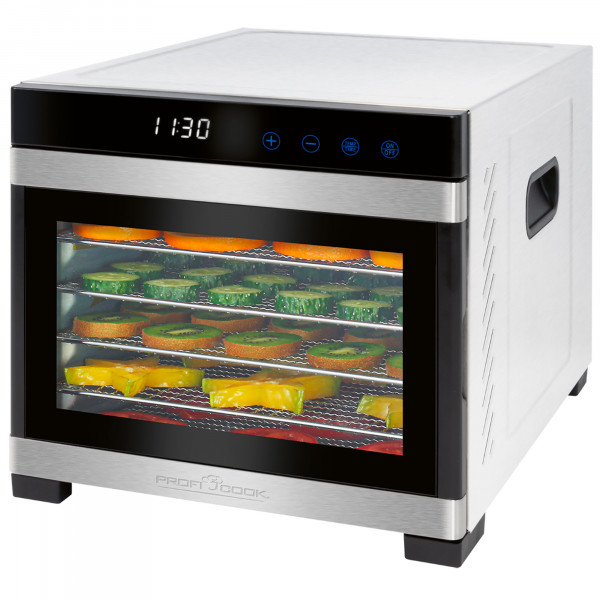 Proficook PC-DR1218 Deshidratador de Alimentos, 6 Bandejas Acero Inoxidable, Temperatura Ajustable 35 - 75°C, Temporizador 30 min - 24 h, Seca Frutas, Verduras, Carne, Hierbas