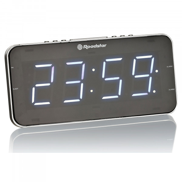 Roadstar CLR-2615 Radio Reloj Despertador PLL FM, 2 Alarmas, Gran Pantalla LCD, Función Snooze, Temporizador de Apagado, Diseño Extra Plano, Negro / Plata