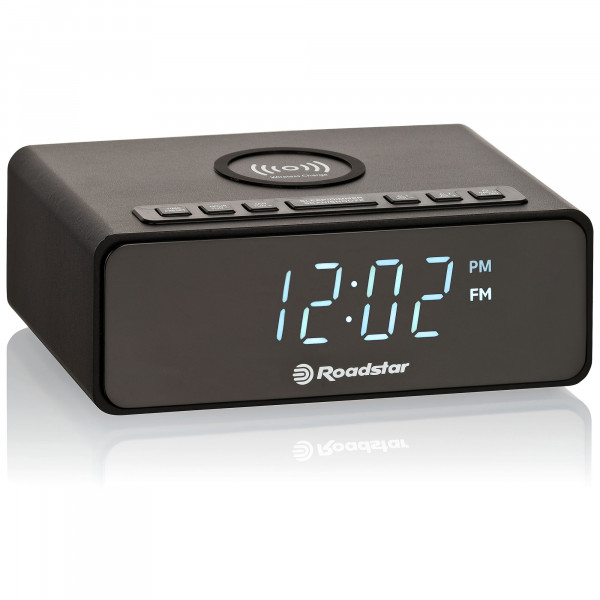 Roadstar CLR-700QI Radio Reloj Despertador PLL FM, Cargador Inalámbrico de Móvil Smartphone con Tecnología QI, 2 Alarmas, Gran Pantalla LCD, Función Snooze, Temporizador de Apagado, Negro