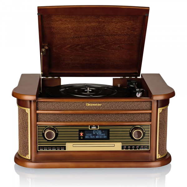 Roadstar HIF-1996BT Tocadiscos de Vinilo Vintage 33/45/78 rpm, Radio AM/ FM, Reproductor CD/ CDR/ CDRW/ CD-MP3, Cassette, Bluetooth, USB Función Grabación, Mando a Distancia, Retro, Madera