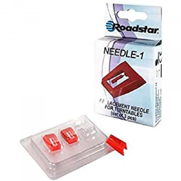 Roadstar Needle-1, Set de 3 Agujas para Tocadiscos de Vinilo, Recambio Aguja con Punta de Diamante Repuesto para Giradiscos, Resistente, Color Rojo