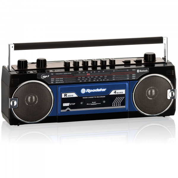 Roadstar RCR-3025EBT/BL Radio Cassette Vintage Años 80 Portátil Multibanda AM /FM /SW, Reproductor Grabador a Cinta, USB y Tarjeta SD, Conexión Auriculares, Sintonizador Analógico, Negro / Azul