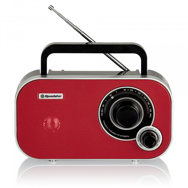 Roadstar TRA-2235RD Radio Portátil FM Analógica, Funciona a Red / Pilas, Toma de Auriculares, Transistor Pequeño y Ligero para Casa, Cocina, Altavoz 6.4W, Excelente Recepción, Rojo