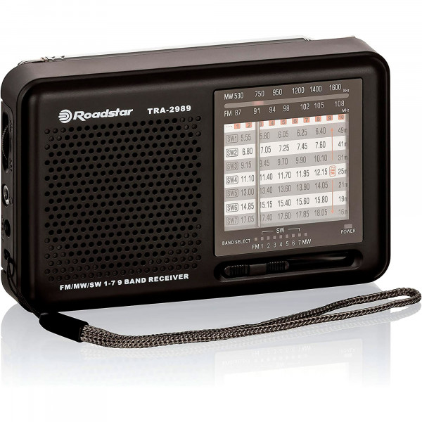 Roadstar TRA-2989 Radio Portátil Multibanda AM/FM/SW Analógica, Funciona a Pilas / Red, Auriculares Incluidos, Transistor de Bolsillo, Pequeño y Ligero para Casa, Cocina, Excelente Recepción, Negro