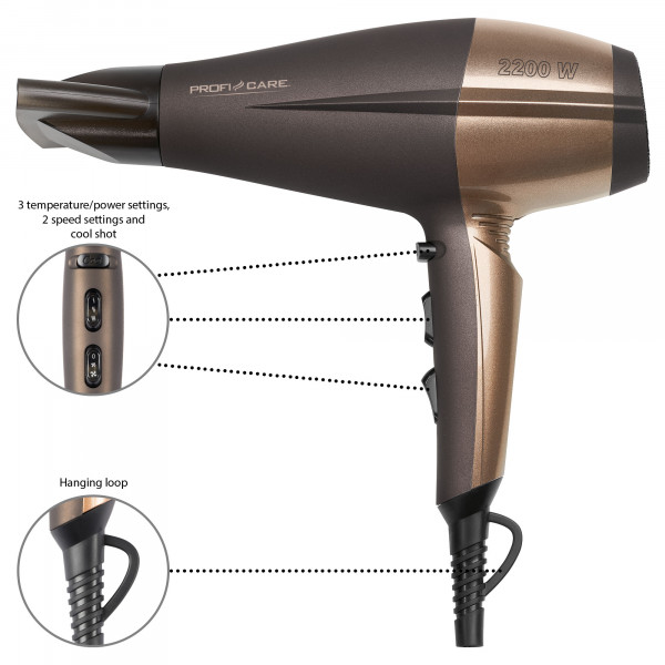 Proficare HTD 3010 - Secador de pelo profesional iónico, 3 niveles de temperatura, 2 temperatura, 2200 W, color marron