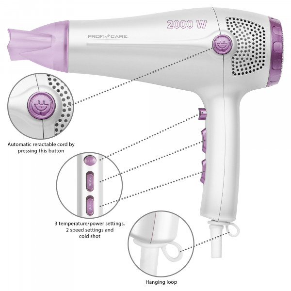 Proficare HTD 3020 - Secador de pelo profesional iónico, 3 niveles de temperatura, mango abatible con recogecable, 2000 W, color negro