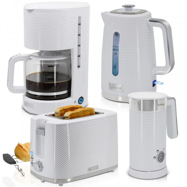 briebe Elegance Set Tostadora Pan Ranura Ancha 2 Rebanadas + Hervidor Agua 1,7L Inalámbrico 2200W Libre BPA + Cafetera Goteo Filtro 10 Tazas 1,25L + Espumador de Leche Eléctrico, Blanco 