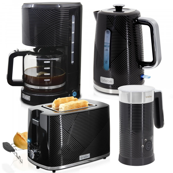 briebe Elegance Set Tostadora Pan Ranura Ancha 2 Rebanadas + Hervidor Agua 1,7L Inalámbrico 2200W Libre BPA + Cafetera Goteo Filtro 10 Tazas 1,25L + Espumador de Leche Eléctrico, Negro
