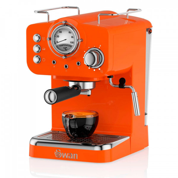 Swan SK22110ON Cafetera Express Retro para Espresso y Cappucino, 15 Bares Presión, Vaporizador, Capacidad 1,2 Litros, 1 o 2 Tazas, Café Molido , Diseño Vintage, Naranja, 1100W
