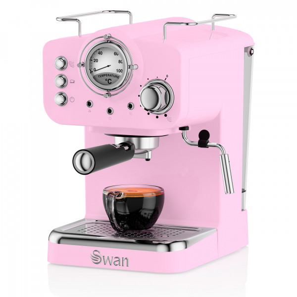 Swan SK22110PN Cafetera Express Retro para Espresso y Cappucino, 15 Bares Presión, Vaporizador, Capacidad 1,2 Litros, 1 o 2 Tazas, Café Molido , Diseño Vintage, Rosa, 1100W