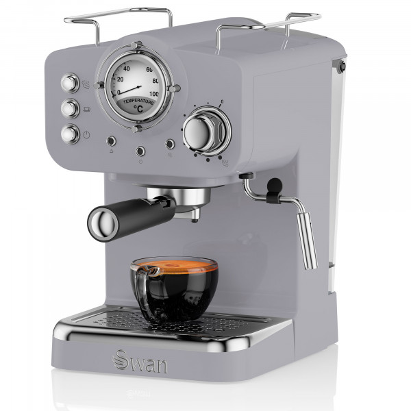 Swan SK22110GRN Retro Cafetera Express para Espresso y Cappucino, 15 bares presión, Vaporizador, capacidad 1,20 litros, 1 o 2 tazas café molido , diseño vintage Gris, 1100W