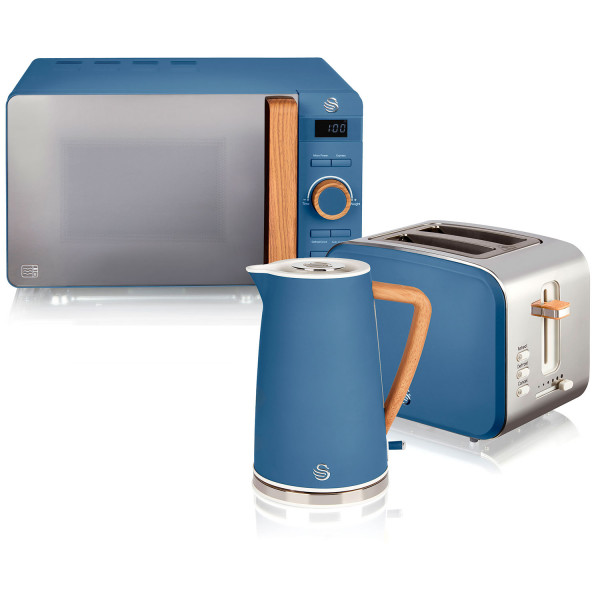 Swan Nordic Set Desayuno Hervidor de agua 1,7L 2200W, Tostadora Pan ranura ancha 2 rebanadas, Microondas 20L digital, diseño moderno, efecto madera, azul 