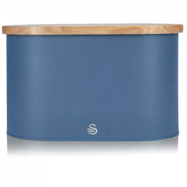 Swan Nordic Panera de Mesa para Guardar Pan, Tapa Tabla de Cortar de Bambú, Contenedor de Acero al Carbono para Almacenamiento de Pan y Bollería, Bread Bin, Diseño Moderno, Azul