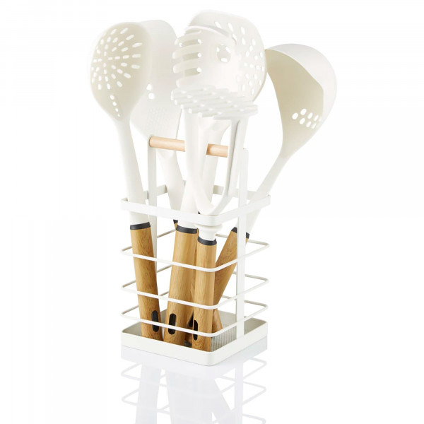 Swan Nordic Utensilios Cocina de Nylon 6 Piezas, Cesto + Juego de Utensilios Antiadherentes con Mango Efecto Madera, Libre de BPA, Espátula, Cucharón, etc Resistentes al Calor, Blanco