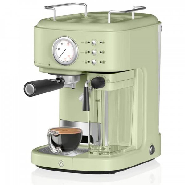 Swan One Touch SK22150GN Cafetera Express Retro Semi Automática para Espresso y Cappucino, 15 Bares, Vaporizador con Depósito de Leche 0,5L, 1,7 L, Taza Grande o Pequeña, Vintage, Verde, 1200W