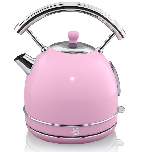 Swan Retro Hervidor de Agua 1,8L, Tetera Eléctrica, Resistencia Oculta Acero Inoxidable, Inalámbrico, sin Cable, Diseño Vintage, Apagado Automático Controlador Strix, Rosa, 3000W